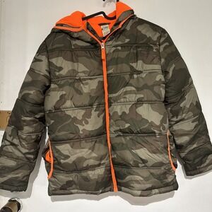 Faded Glory Boys Orange/Camouflage Inner Fleece Lined Bubble Jacket Sz XL 14-16